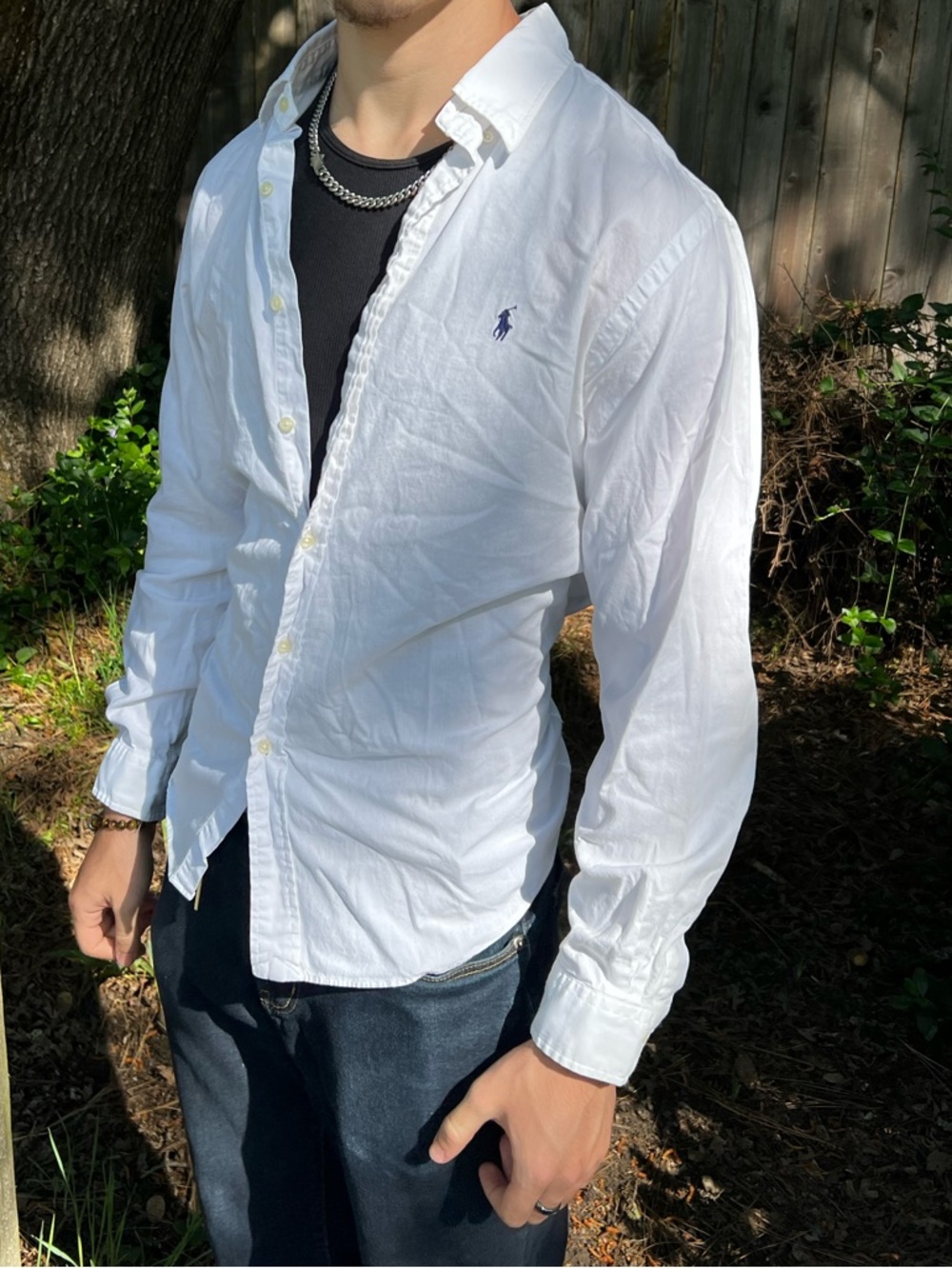 Ralph Lauren White Button-Down Shirt MEN CUSTOM FIT Navy Polo Logo long sleeve - Picture 9 of 10